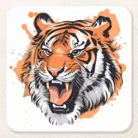 "Roaring Tiger Portrait."  Square Paper Coaster