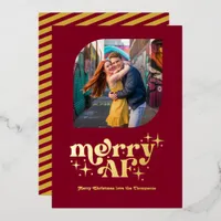 Burgundy & Gold Modern Retro Christmas Photo Foil Holiday Card