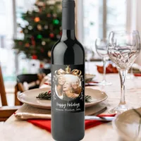 Christmas black gold bauble friends photo party wine label