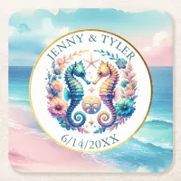 Pink, Blue and Gold Coastal Seahorse Beachy Square Paper Coaster