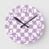 Retro Pastel Purple White Wavy Checkerboard Round Clock