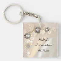 White Pearl and Diamond Buttons Quinceñera Keychain