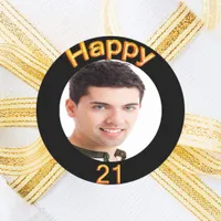 21st birthday party black gold photo classic round sticker