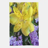 Yellow Daylilies & Purple Lilac Flowers Kitchen Towel