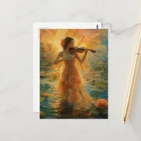 Woman with a violin in the lily pond postcard
