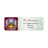 Christmas Stained Glass Fireplace Green Glitter Label