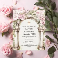 Pink florals arch beige girl Baptism invitation