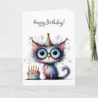 Quirky Whimsical Cat Party Hat Cake Birthday Card