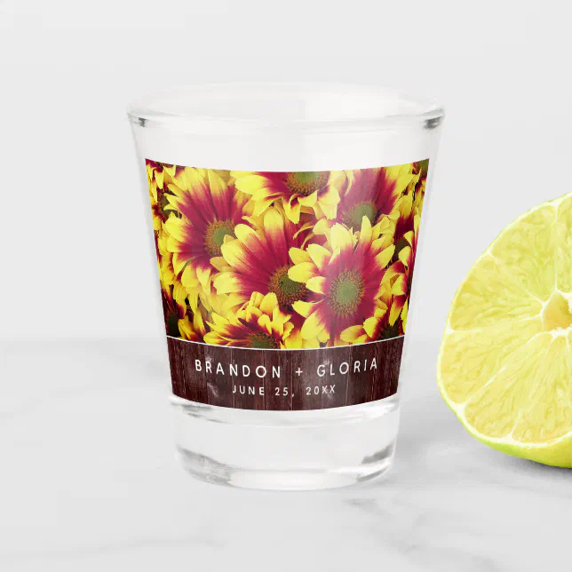 Rustic Autumn Sunflowers on Fence Wedding Shot Glass