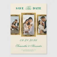 Emerald Vintage Frame Script 3 Photo Save The Date Magnetic Invitation