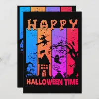 Retro Happy Halloween Witch House Ghost Cemetery Invitation