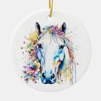 Pretty White Horse Floral Personalized  Ceramic Ornament