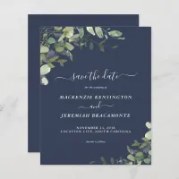 Budget Navy Blue Eucalyptus Wedding Save the Date