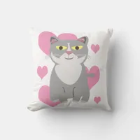 Cute Grey Cat Love Cartoon Fun Pet Design Throw Pillow