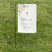 Baptism eucalyptus white floral gold cross welcome garden flag