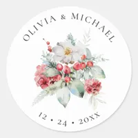 Elegant Christmas Wedding Watercolor Floral Classic Round Sticker