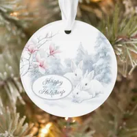 Cute White Rabbits in Snow Winter Holiday Ornament