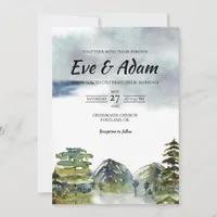 Mountain Peak Pine Fog Watercolor Winter Wedding Invitation