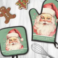 Vintage Watercolor Santa Face Christmas Custom Oven Mitt & Pot Holder Set