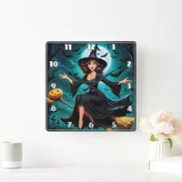 Witch flying over a moonlit graveyard with bats square wall clock