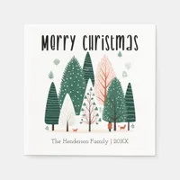 Cute Winter Woodland Pine Tree Family Christmas  Napkins