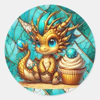Cute Teal and Gold Dragon Boy's Birthday Party Classic Round Sticker