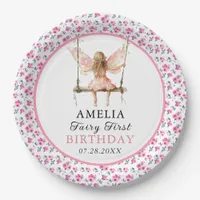 Fairy First Watercolor Floral Girls 1st Birthday Paper Plates