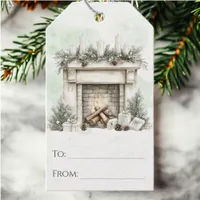 Rustic Watercolor Holiday Cozy Fireplace Christmas Gift Tags