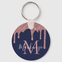 Navy Blue Rose Gold Faux Glitter Drips Monogram Keychain