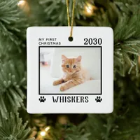First Christmas Cat Photo Name Paw Prints Custom Ceramic Ornament