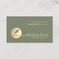 Modern Sage Green Gold Feather Logo Notary Service Business Card