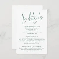 Minimalist Emerald Green Writing Wedding Details  Enclosure Card