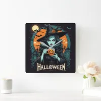 Witch with pumpkin mug on Halloween Square Wall Clock