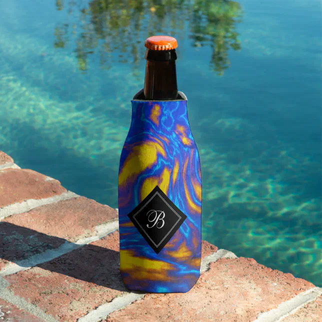 Abstract Modern Yellow Blue Purple Liquid Marble Bottle Cooler