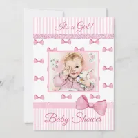 Vintage Baby Pink Bows Baby Shower Invitation