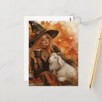 Gorgeous Autumn Witch and a White Goat Postcard