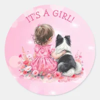 A Baby Girl and her Dog | It's a Girl Baby Shower  Classic Round Sticker