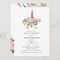 Blush Pink & Rose Gold Floral Unicorn Baby Shower  Invitation