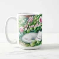 Sweet Napping White Kitten under a Rose Bush  Coffee Mug