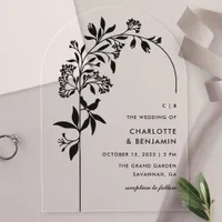 Modern Black Botanical Arch Wedding Acrylic Invitations