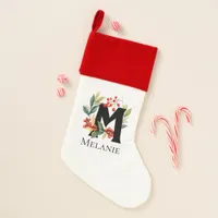 Monogram Initial Letter M Berry Wreath Christmas Stocking