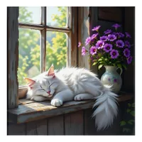 Cat Napping on the Window Sill | Purple Flowers Acrylic Print
