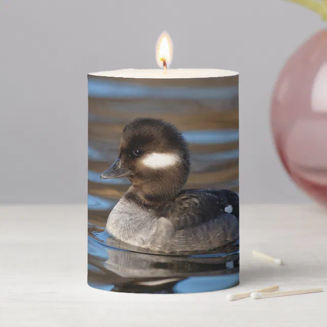 Cute Bufflehead Duck on Sunlit Waters Pillar Candle