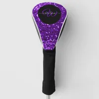 Stylish monogram purple glitter name black golf head cover