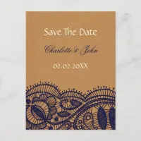 Navy Lace and Kraft Paper Wedding Announcement Postcard