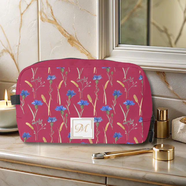 Red Floral Wildflower Monogram Dopp Kit