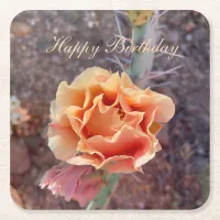 Pretty Peach Prickly Pear Flower Square Paper Coaster