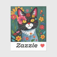 Black and White Folk Art Cat and Flowers Whimsical Sticker