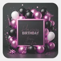 Luxurious Pink Black Balloons Confetti Birthday  Square Sticker