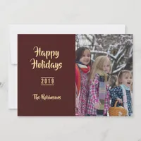 Burgundy and Gold Christmas Greetings family photo Holiday Card